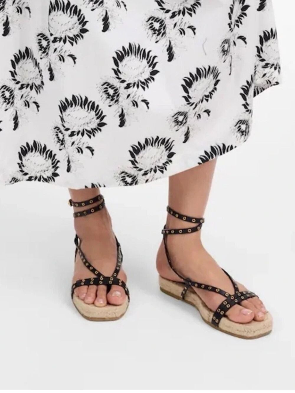Madewell The Mira Leather Studded Espadrille Thong Strappy Sandal Black Sz 8